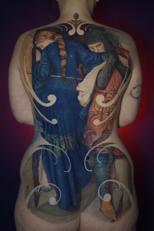 Masterpiece full back tattoo of Frederic William Burton’s “Hellelil and Hildebrand, the Meeting on the Turret Stairs” painting, executed with realistic color and fine art detail by Mihály Forgony