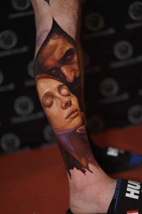 realistic color portrait tattoo of innocent woman and manipulative man in painterly style By Mihaly Forgony