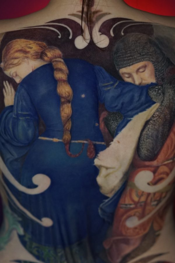The Meeting on the Turret Stairs - Frederic William Burton painting on full back by Mihaly Forgony