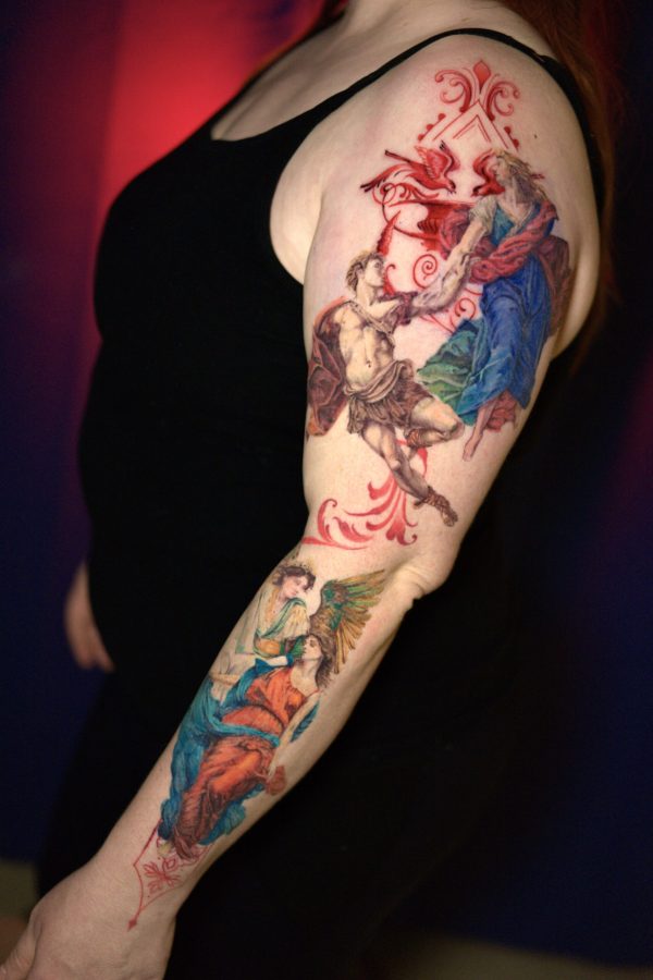 renaissance style tattoo with classical figures and red ornamental details by Mihaly Forgony